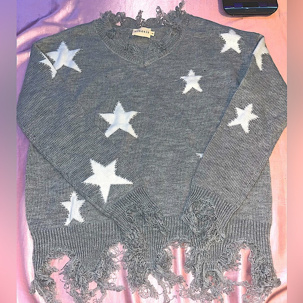 Gray Star Fringe Sweater